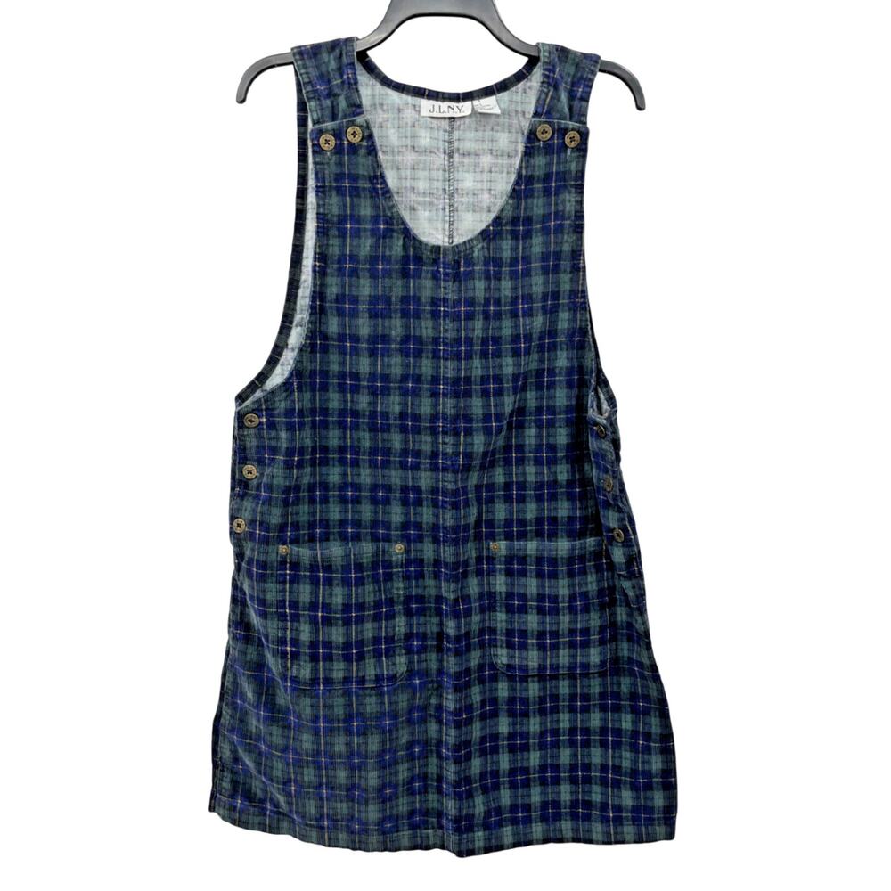 JLNY Blue Green Plaid Jumper Dress Pockets 90s Grunge Large 100% Cotton Pinafore
